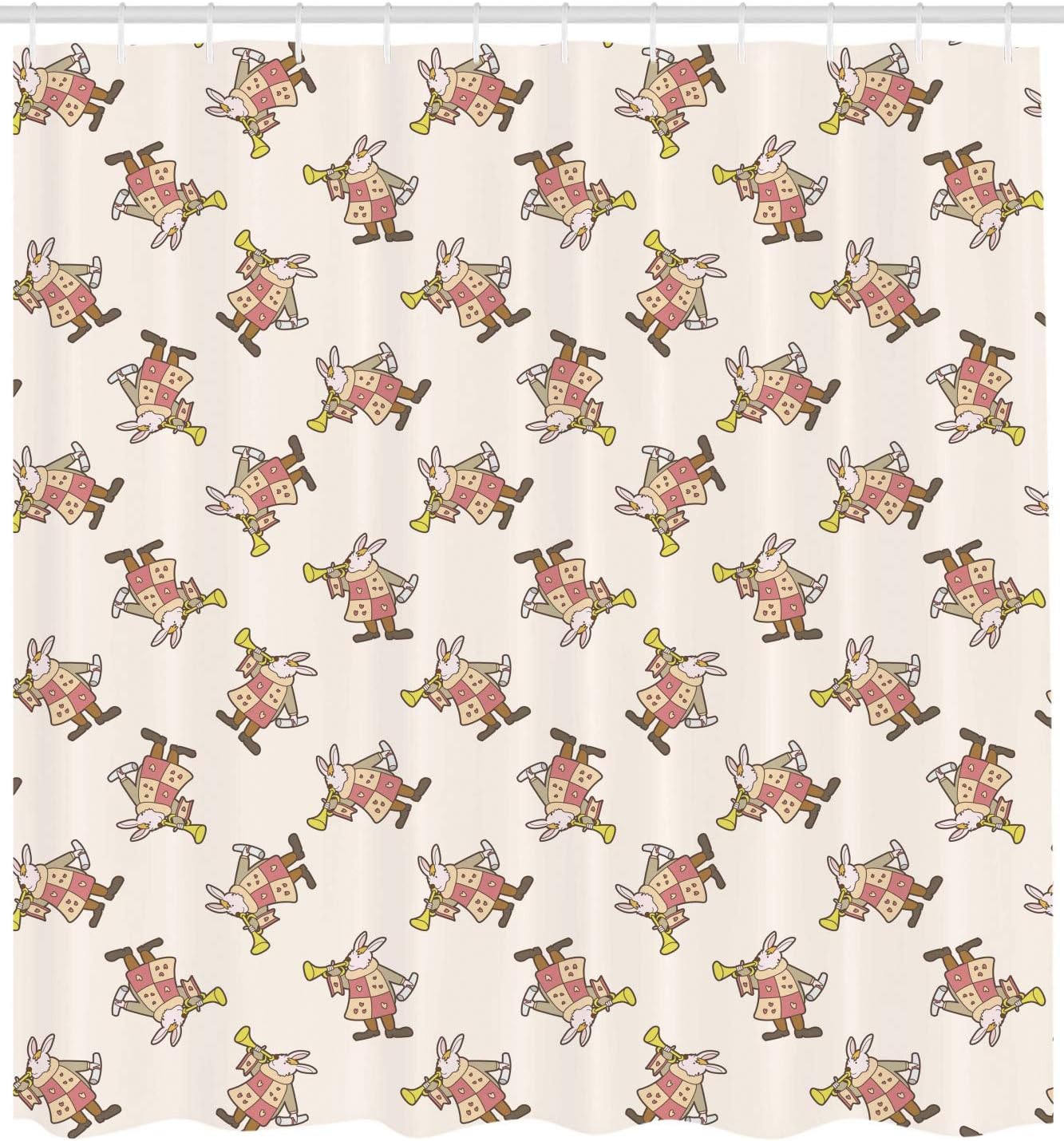 Pink Brown Yellow Alice In Wonderland White Rabbit Playing Music Artwork Shower Curtain - Image 2