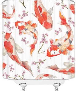 Pink Cherry Blossoms Watercolor Koi Fish Asian Shower Curtain with Traditional Japanese Painting