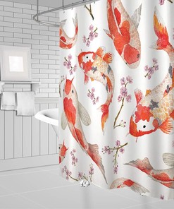 Pink Cherry Blossoms Watercolor Koi Fish Asian Shower Curtain with Traditional Japanese Painting