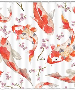 Pink Cherry Blossoms Watercolor Koi Fish Asian Shower Curtain with Traditional Japanese Painting