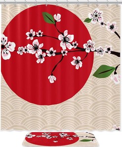 Pink Cherry Blossoms and Red Sun Japanese Shower Curtain for Bathroom Decor
