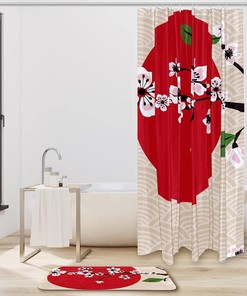 Pink Cherry Blossoms and Red Sun Japanese Shower Curtain for Bathroom Decor