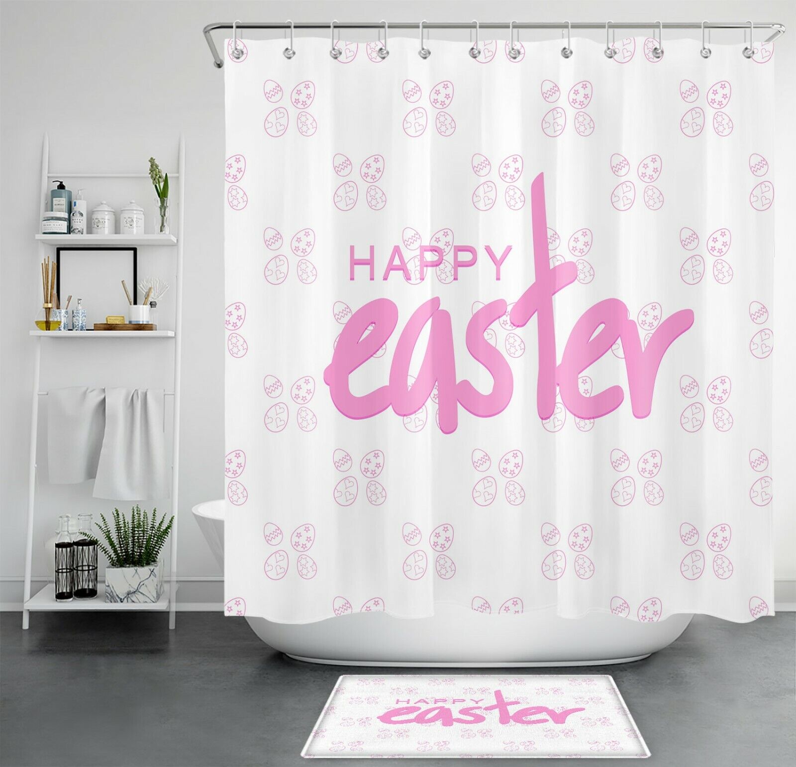 Pink Eggs Waterproof Fabric Shower Curtain For Easter Bathroom Accessory