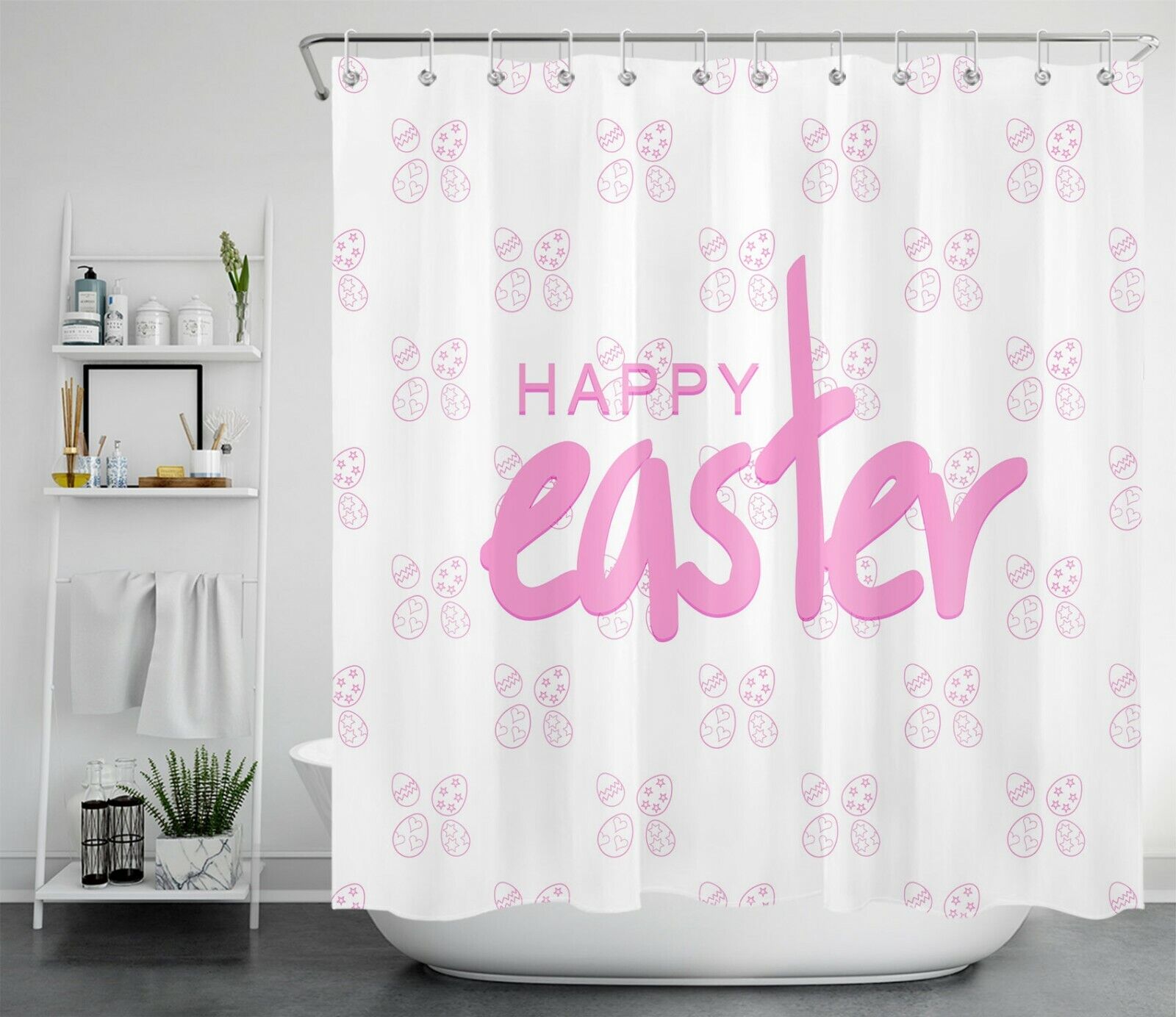 Pink Eggs Waterproof Fabric Shower Curtain For Easter Bathroom Accessory