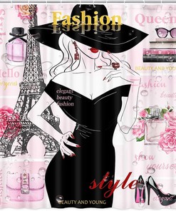 Pink Eiffel Tower Girl Shower Curtain, Modern Makeup Perfume Bathroom Decor 