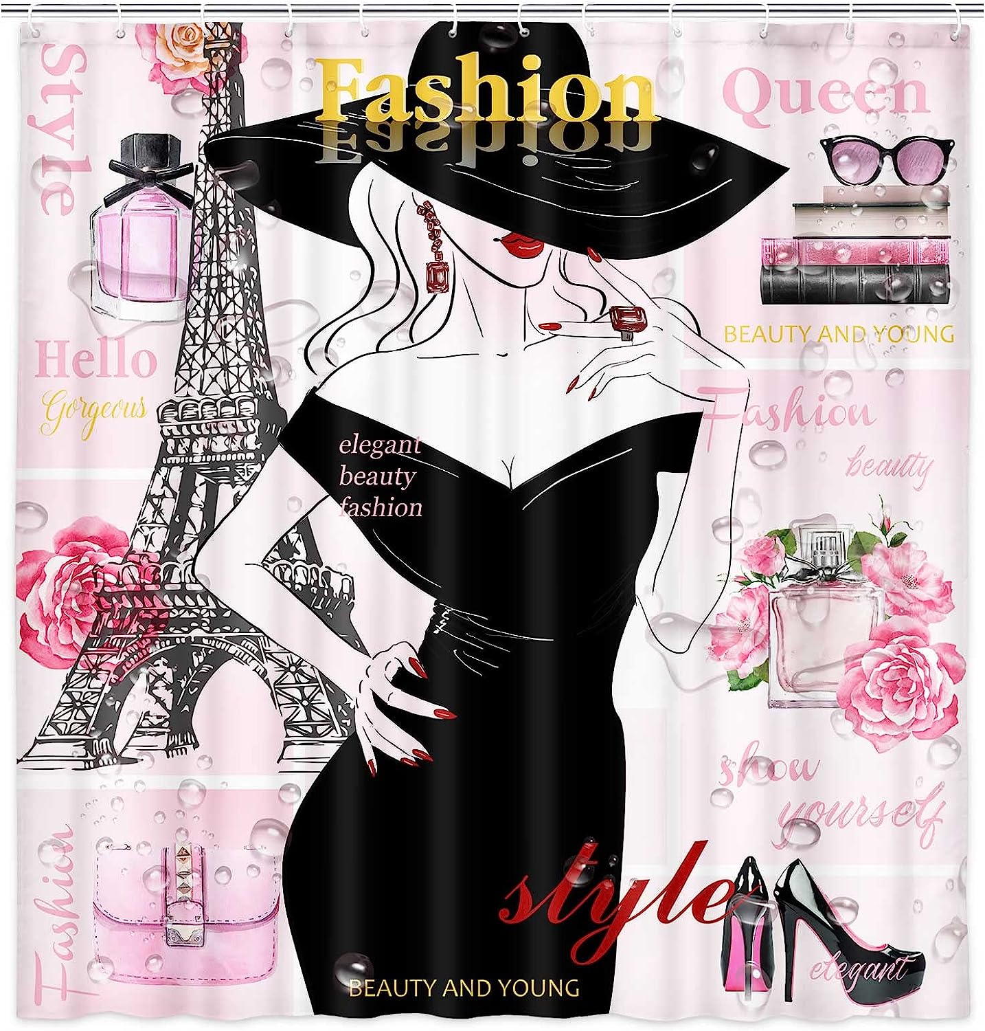 Pink Eiffel Tower Girl Shower Curtain, Modern Makeup Perfume Bathroom Decor