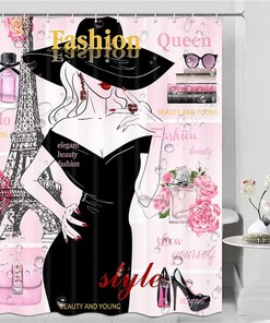 Pink Eiffel Tower Girl Shower Curtain, Modern Makeup Perfume Bathroom Decor