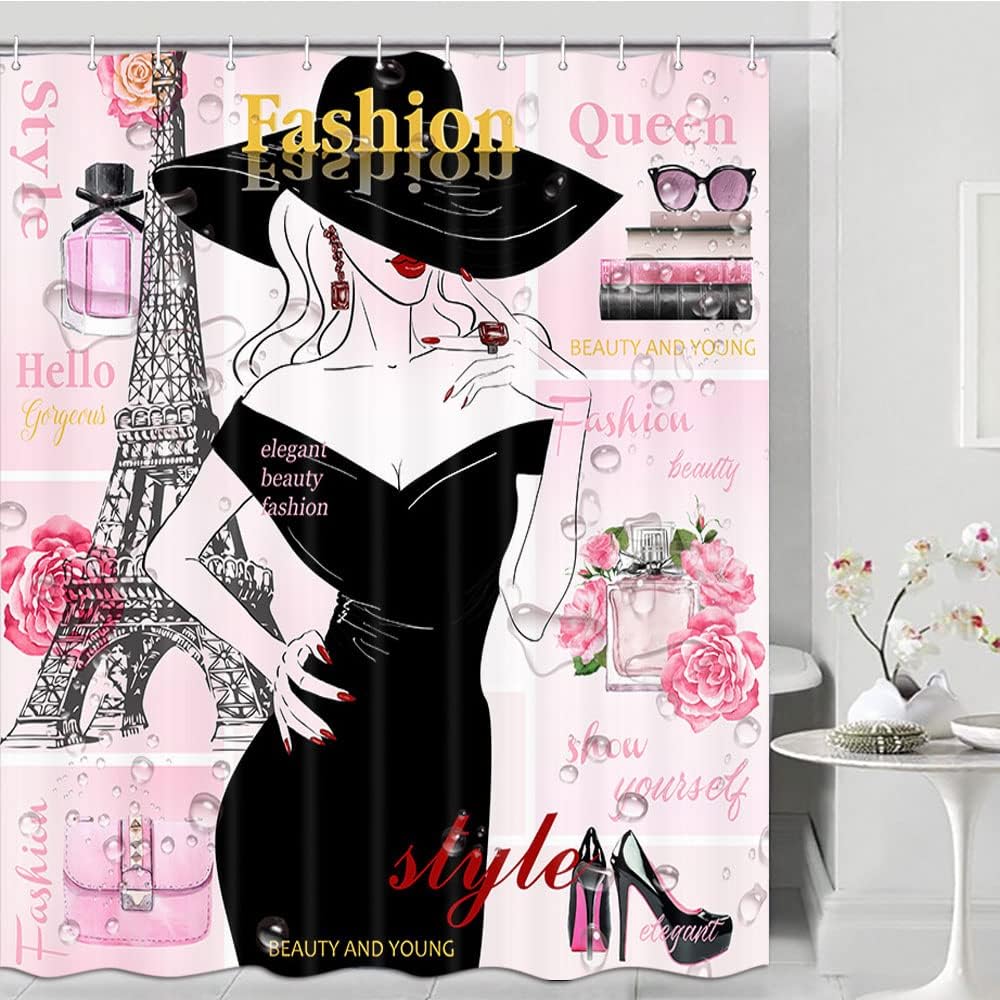 Pink Eiffel Tower Girl Shower Curtain, Modern Makeup Perfume Bathroom Decor