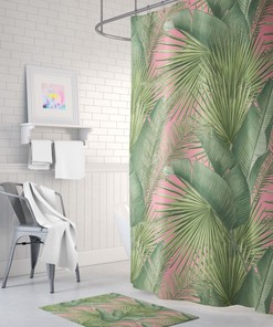 Pink Fabric Shower Curtain With Palm Leaf Jungle Botanical Design - Creates A Tropical Escape In Your Bathroom