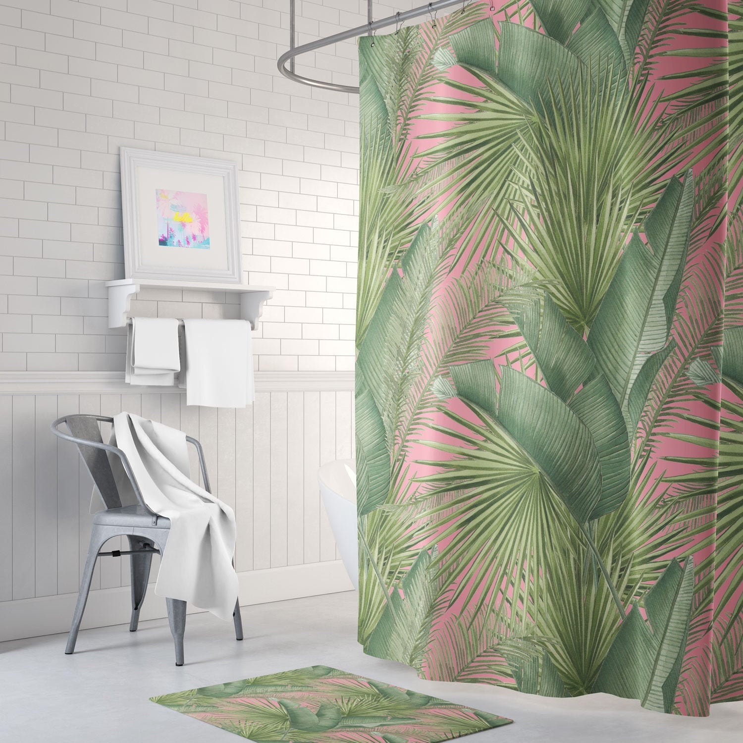 Pink Fabric Shower Curtain With Palm Leaf Jungle Botanical Design - Creates A Tropical Escape In Your Bathroom
