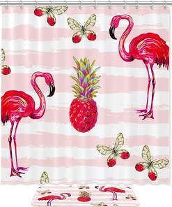Pink Flamingo Animal Printed Bathroom Tub Set With Waterproof Fabric Shower Curtain