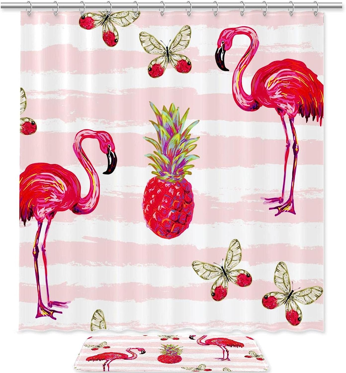 Pink Flamingo Animal Printed Bathroom Tub Set With Waterproof Fabric Shower Curtain