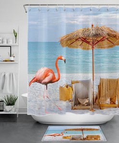 Pink Flamingo Beach Shower Curtain, Ocean Landscape Fabric For Summer Bathroom Decor