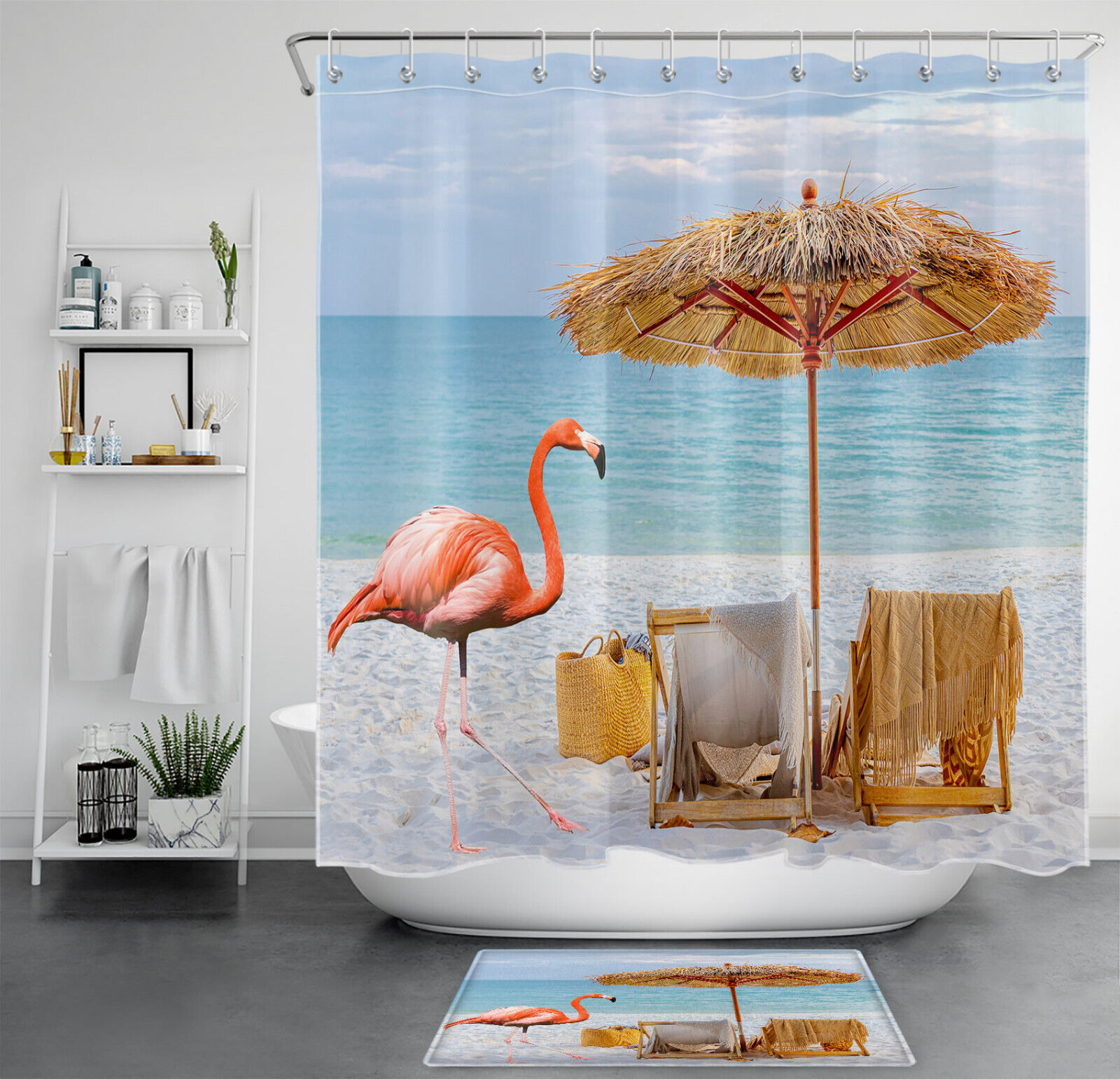 Pink Flamingo Beach Shower Curtain, Ocean Landscape Fabric For Summer Bathroom Decor