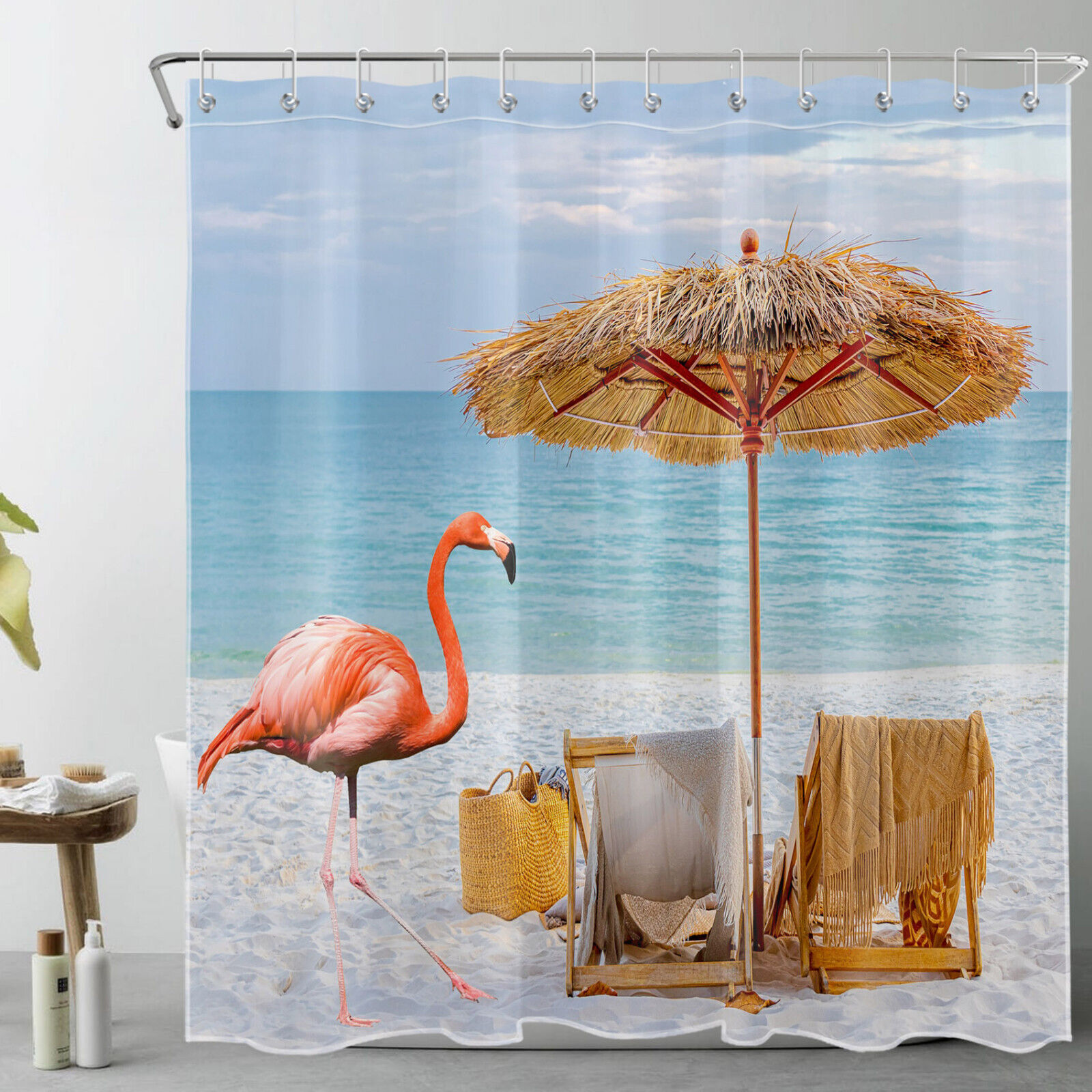 Pink Flamingo Beach Shower Curtain, Ocean Landscape Fabric For Summer Bathroom Decor - Image 2