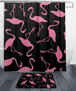 Pink Flamingo Black Decorative Shower Curtain, Waterproof Bathroom Decor