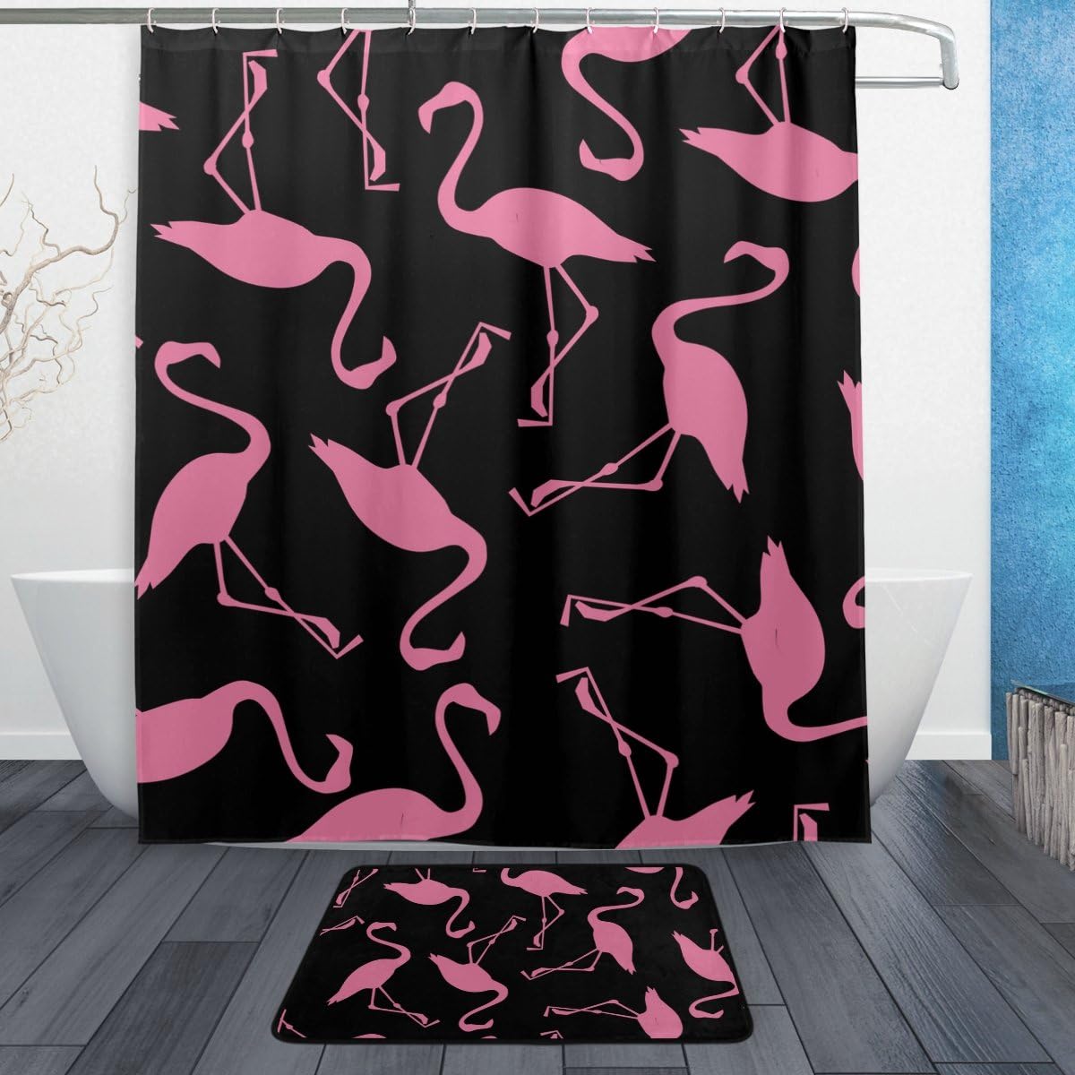 Pink Flamingo Black Decorative Shower Curtain, Waterproof Bathroom Decor