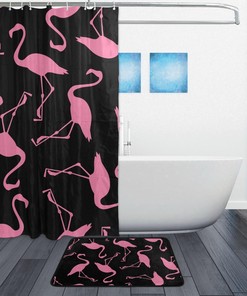 Pink Flamingo Black Decorative Shower Curtain, Waterproof Bathroom Decor