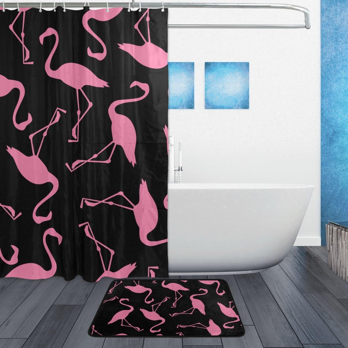 Pink Flamingo Black Decorative Shower Curtain, Waterproof Bathroom Decor