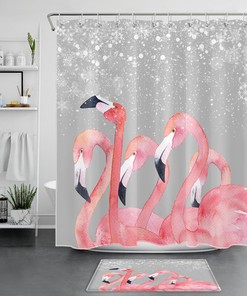 Pink Flamingo Christmas Shower Curtain With Snowflake Print - Add Some Color To Your Holiday Bathroom Decorr