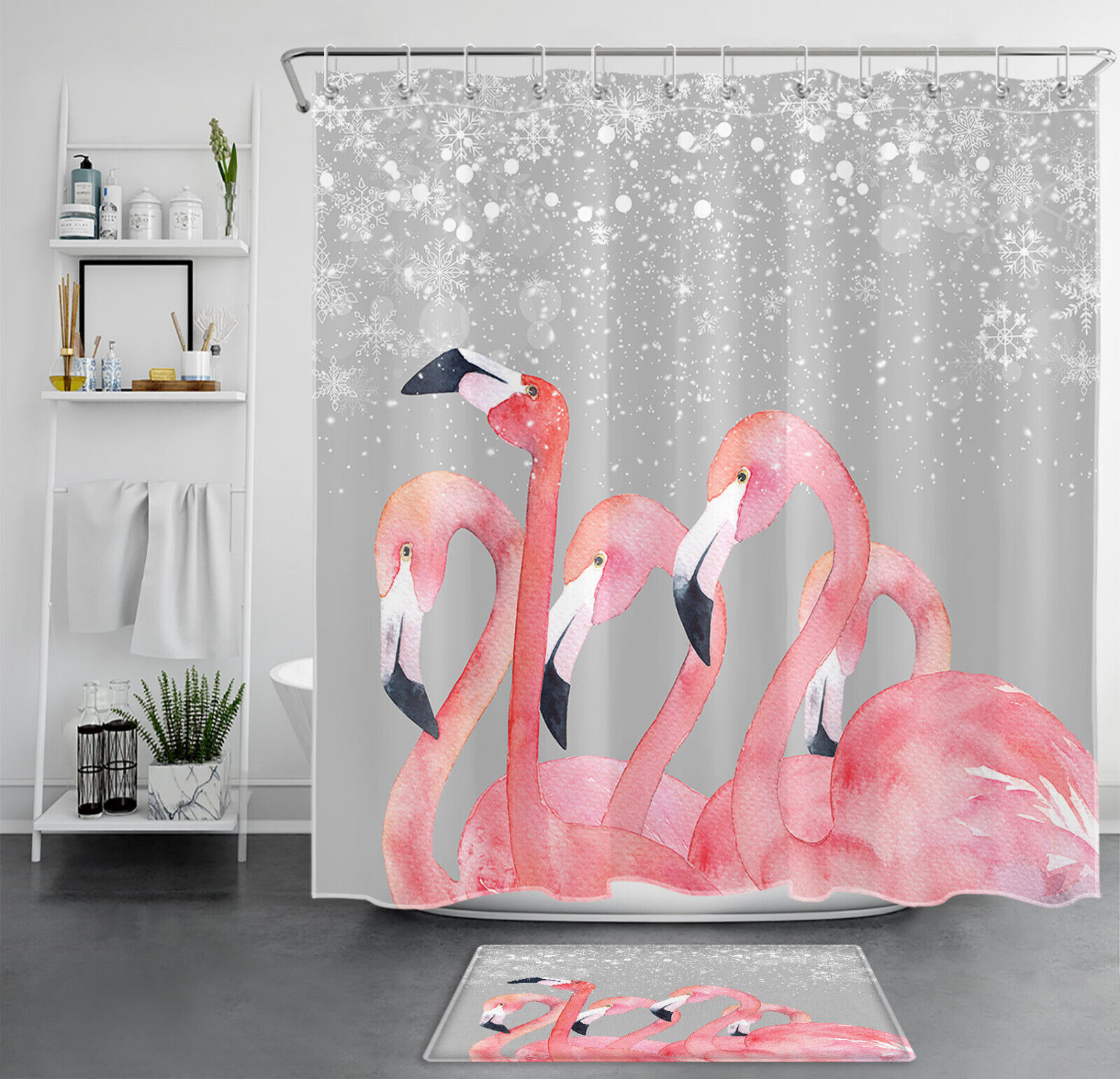 Pink Flamingo Christmas Shower Curtain With Snowflake Print - Add Some Color To Your Holiday Bathroom Decorr