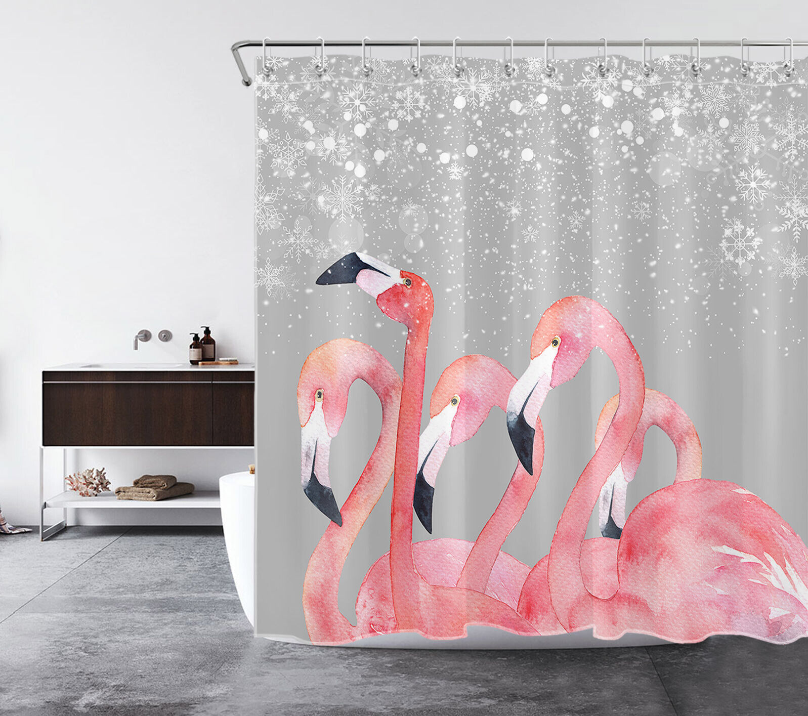 Pink Flamingo Christmas Shower Curtain With Snowflake Print - Add Some Color To Your Holiday Bathroom Decorr