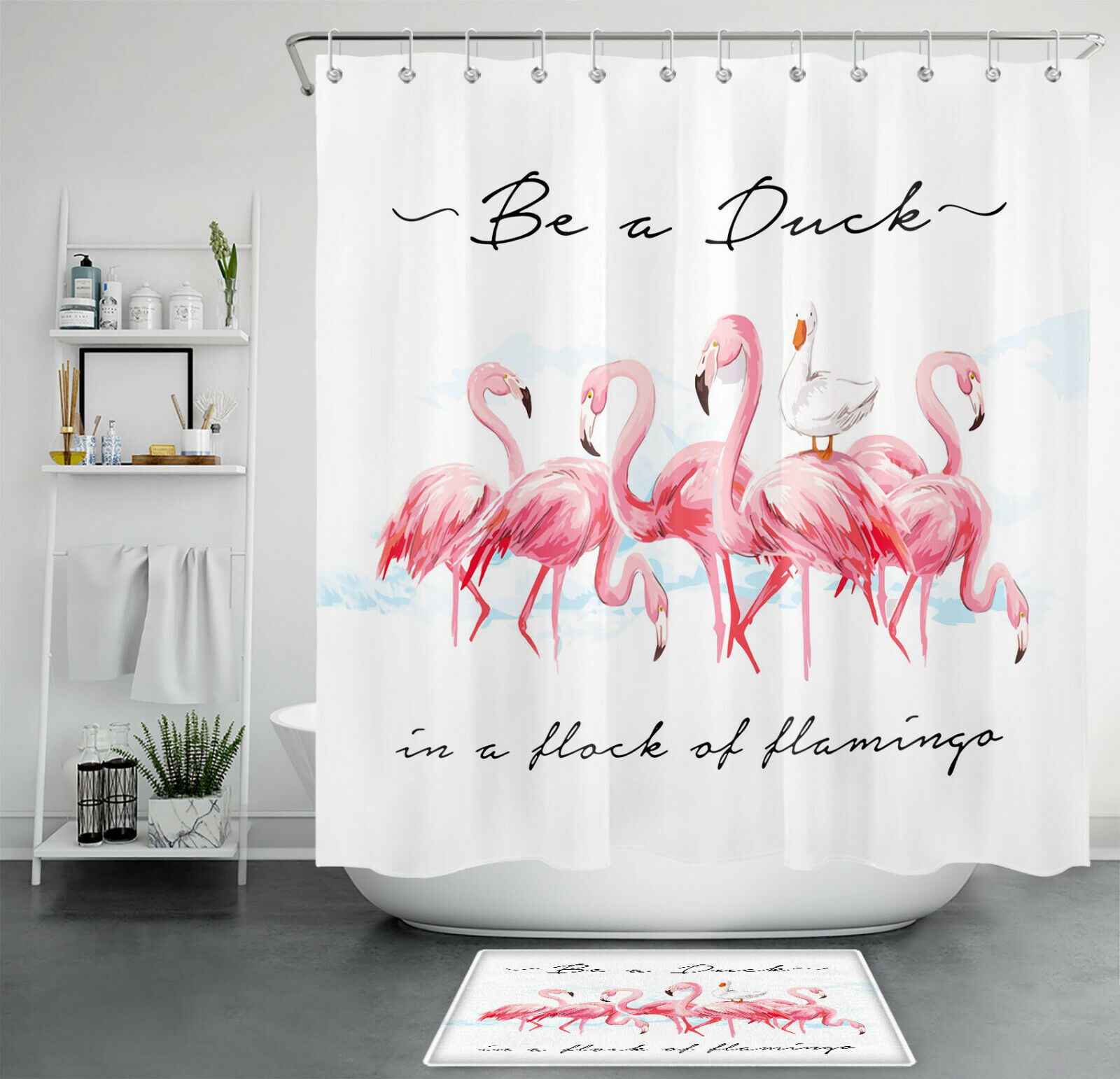 Pink Flamingo Duck Watercolor Tropical Animal Shower Curtain for Bathroom