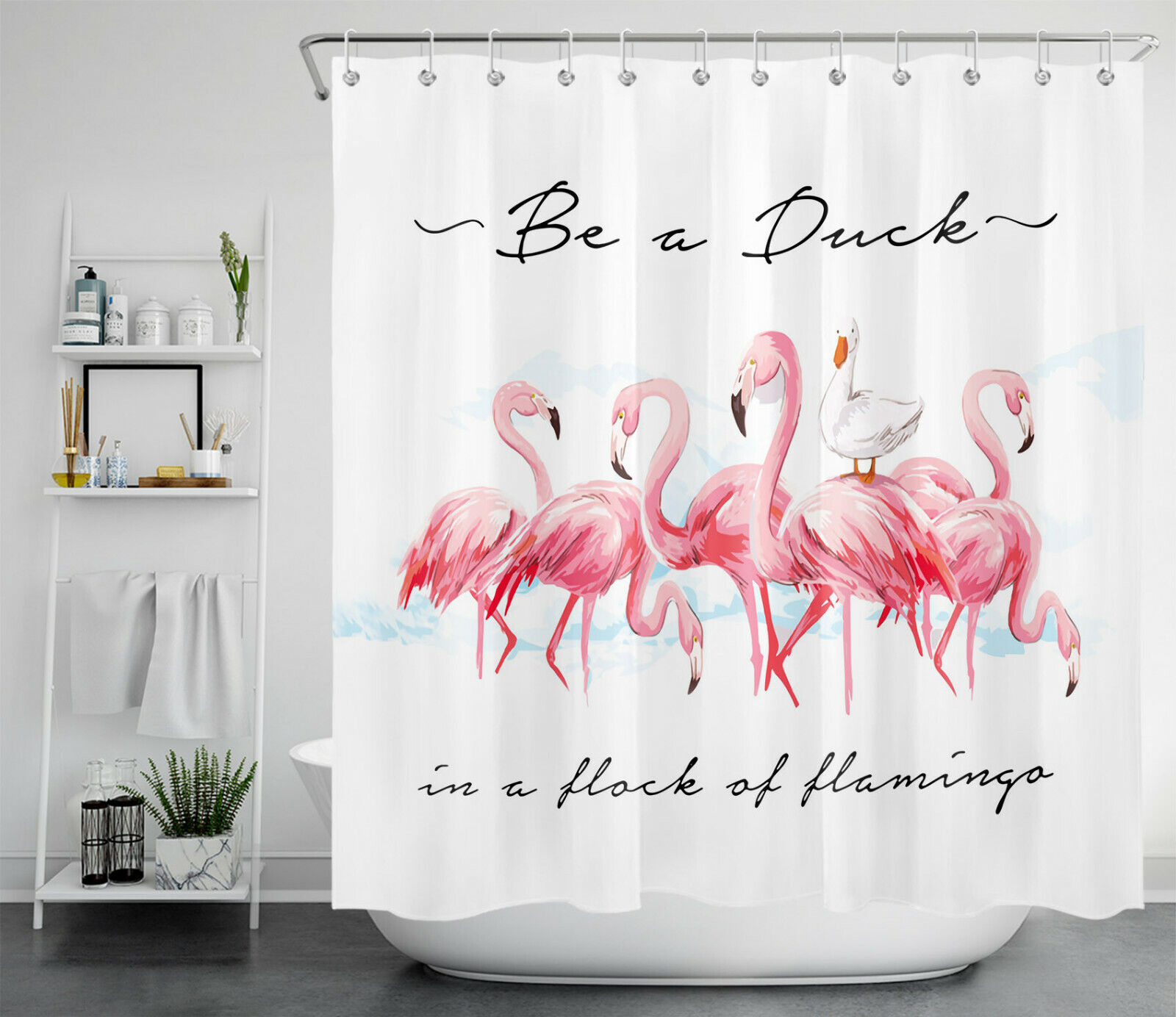 Pink Flamingo Duck Watercolor Tropical Animal Shower Curtain for Bathroom