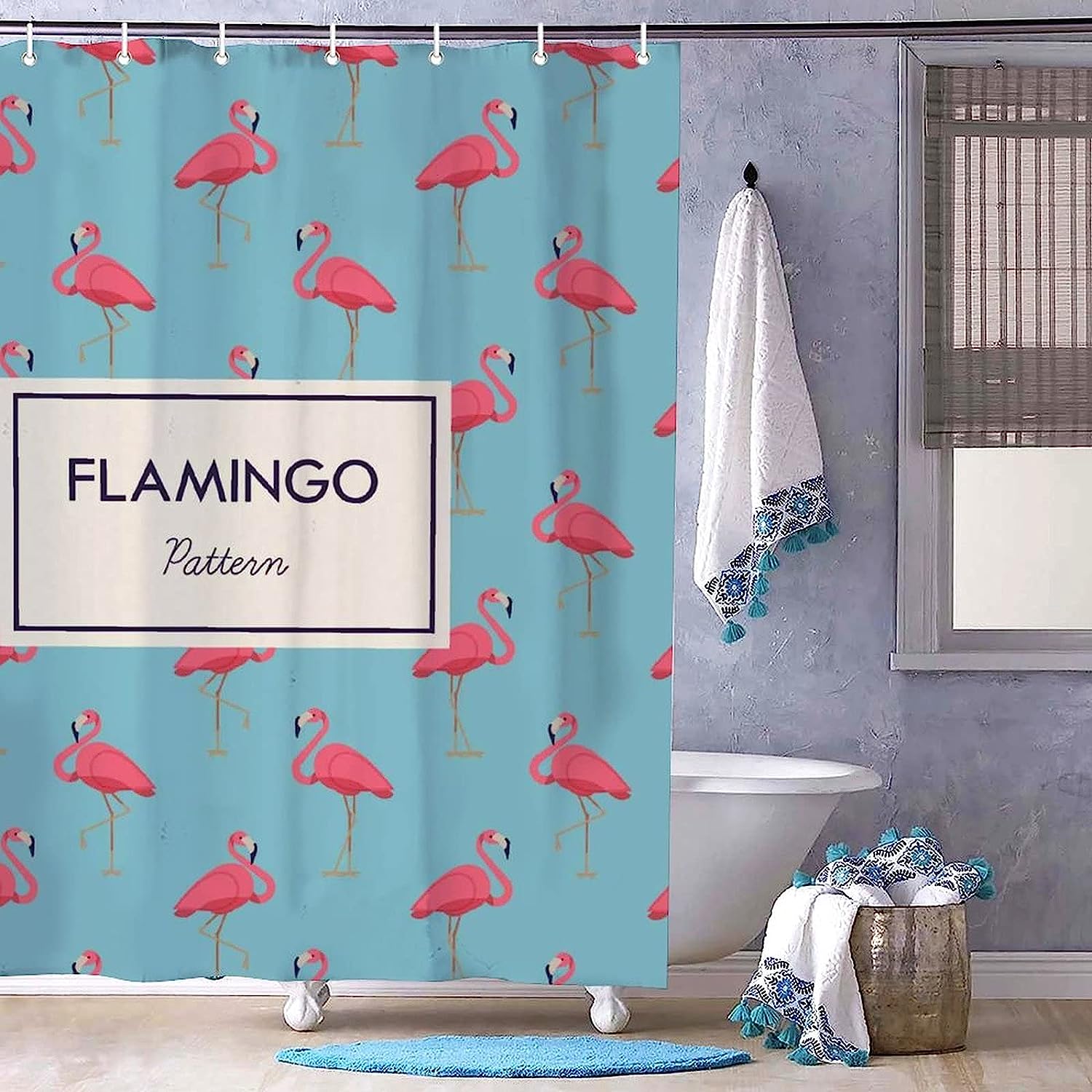 Pink Flamingo Patterned Fabric Shower Curtain for Bathroom Decor