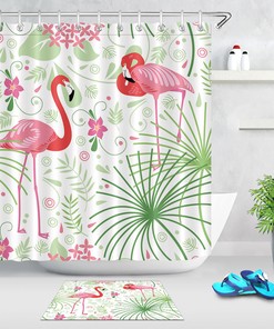 Pink Flamingo Shower Curtain - Tropical Leaves Print for Bathroom Mat