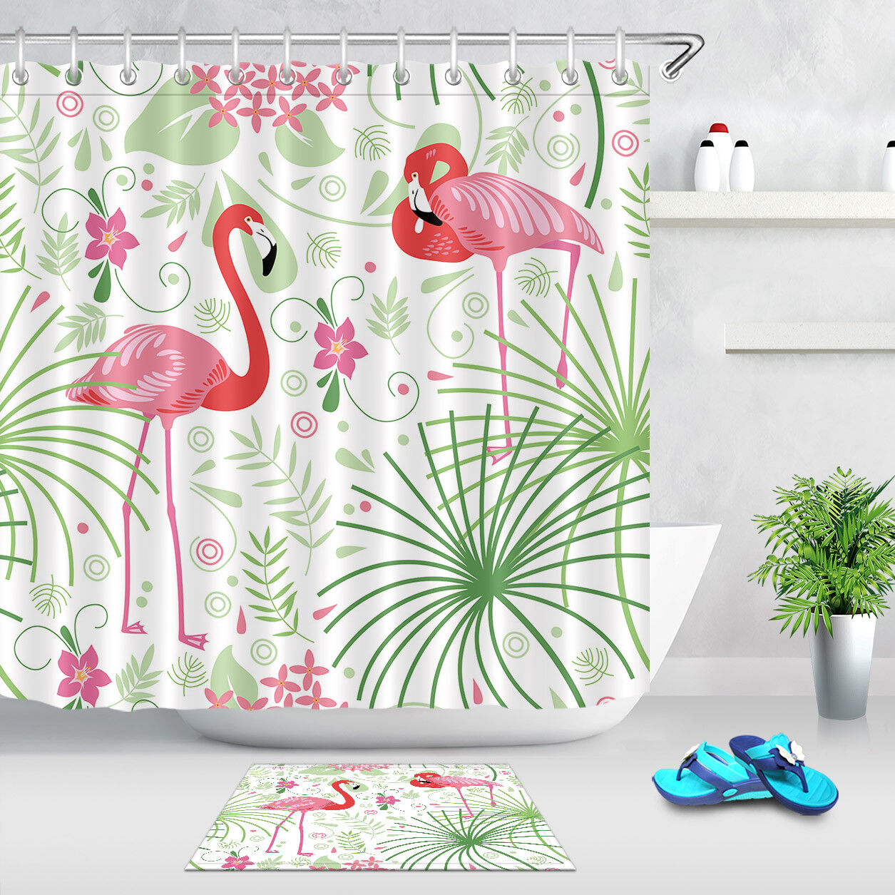 Pink Flamingo Shower Curtain - Tropical Leaves Print for Bathroom Mat