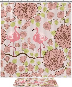 Pink Flamingo Shower Curtain with Floral Design - Fabric Machine Washable Set for Bathroom
