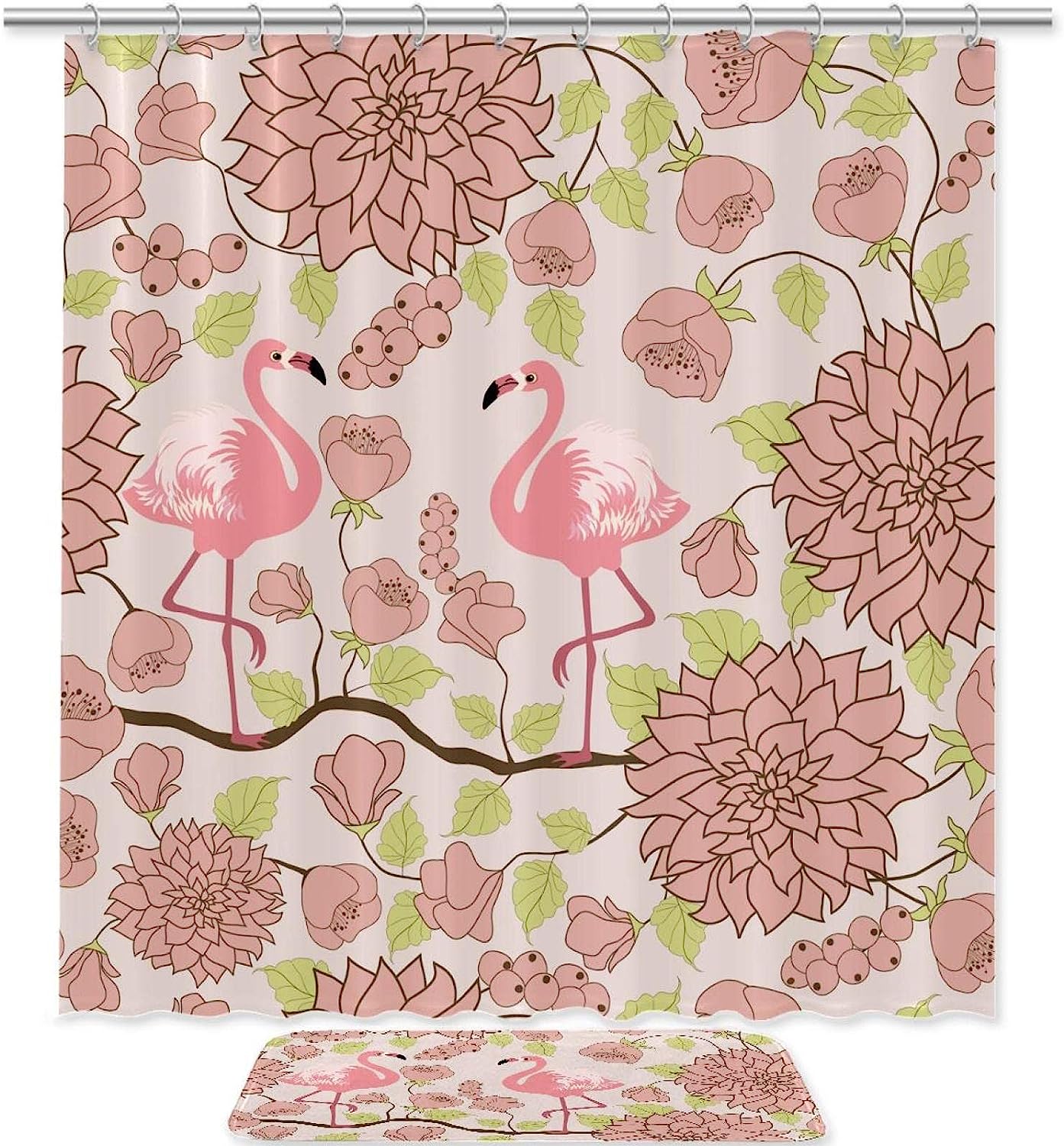 Pink Flamingo Shower Curtain with Floral Design - Fabric Machine Washable Set for Bathroom