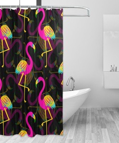 Pink Flamingo Shower Curtain with Tropical Hawaiian Theme for Decorative Bathroom 