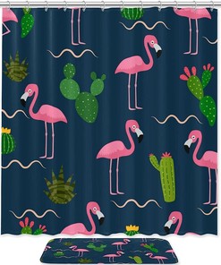Pink Flamingo Tropical Cactus On Dark Background Restroom Curtain