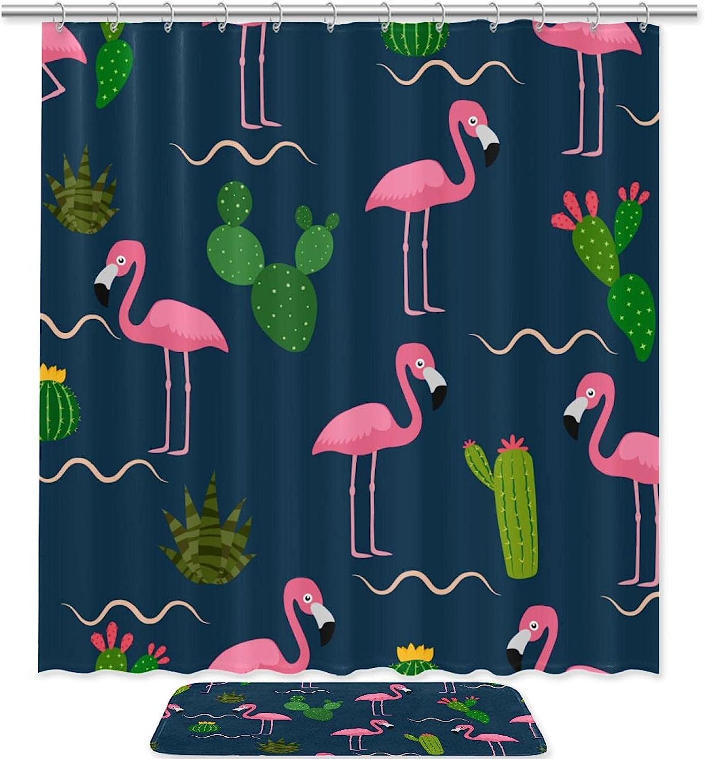 Pink Flamingo Tropical Cactus On Dark Background Restroom Curtain