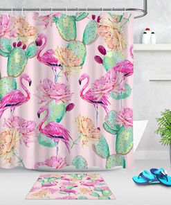 Pink Flamingo Tropical Floral Shower Curtain With Bright And Colorful Design