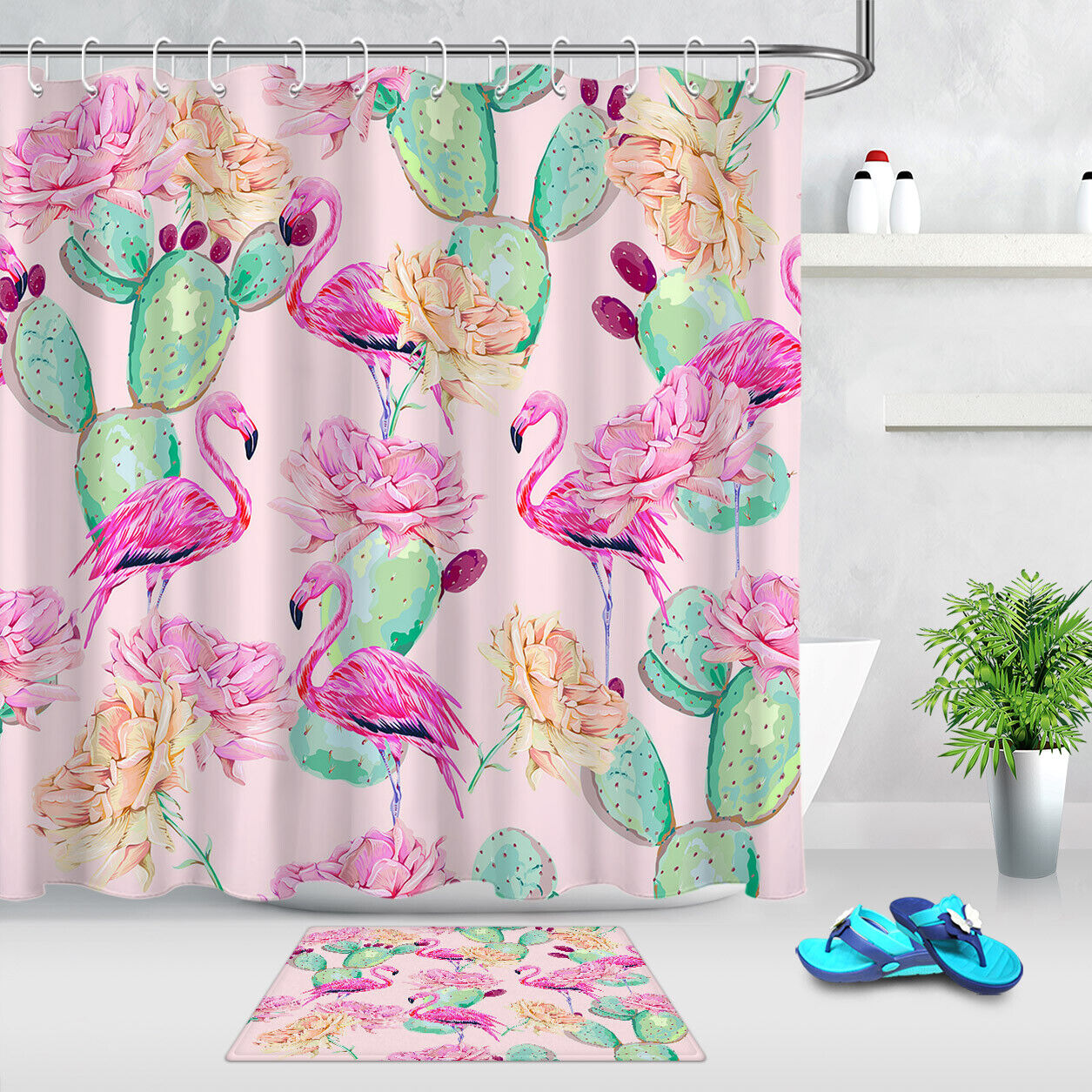 Pink Flamingo Tropical Floral Shower Curtain With Bright And Colorful Design