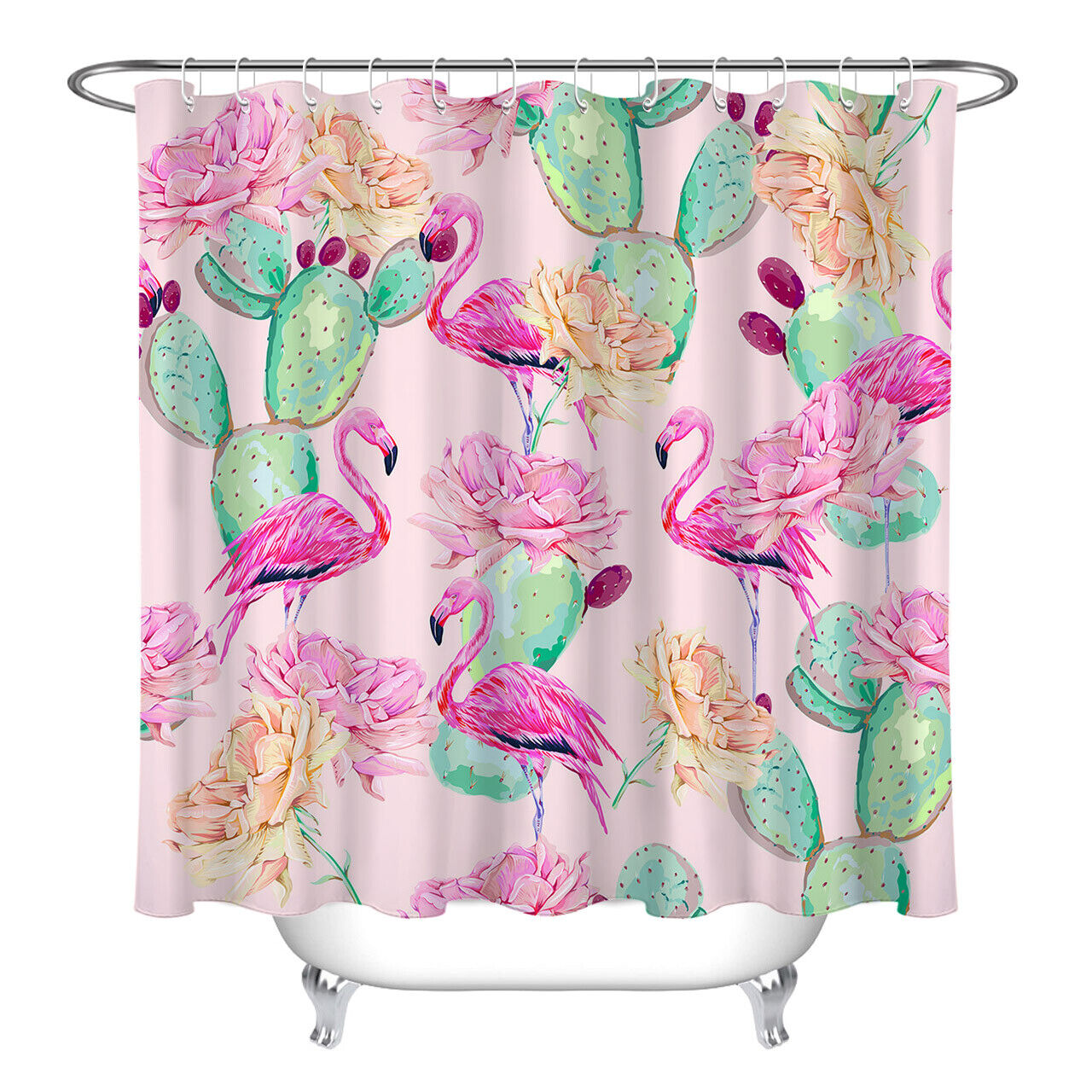 Pink Flamingo Tropical Floral Shower Curtain With Bright And Colorful Design - Image 2