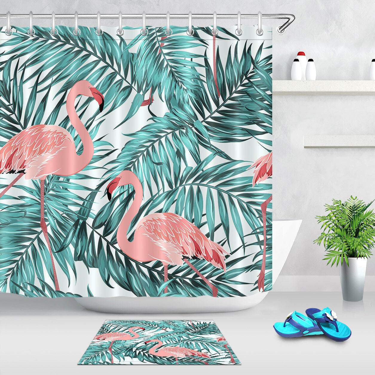 Pink Flamingo Tropical Jungle Shower Curtain for Fun Bathroom Decor