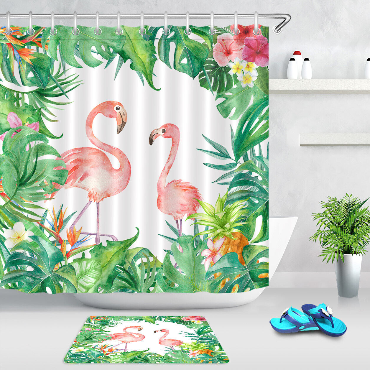Pink Flamingo Watercolor Tropical Green Leaves Shower Curtain for Bathroom