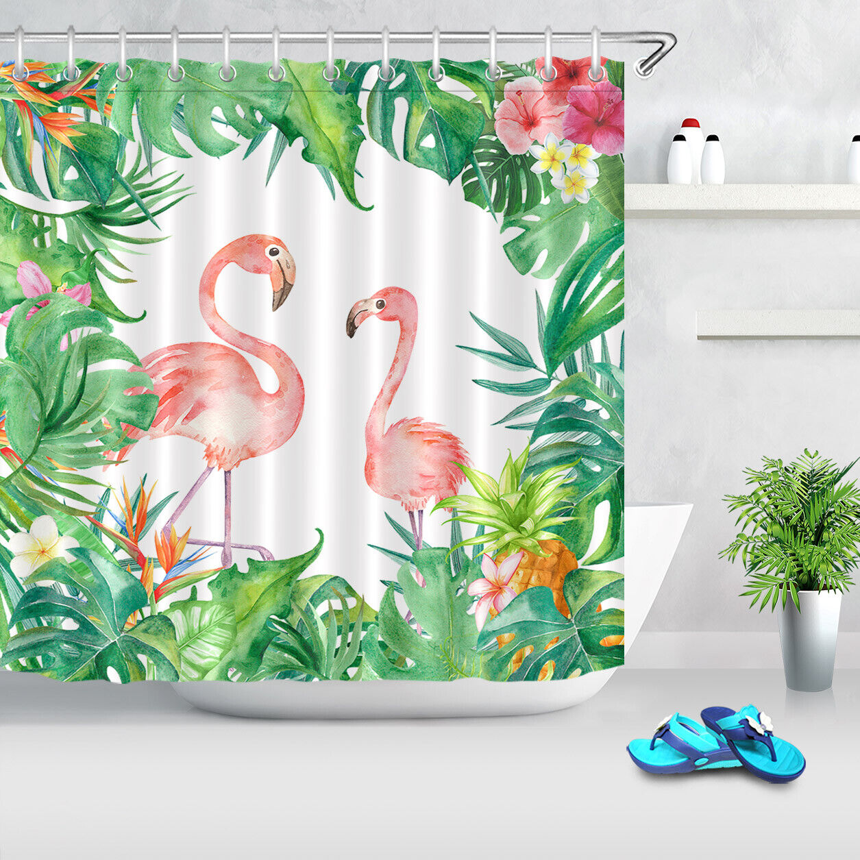 Pink Flamingo Watercolor Tropical Green Leaves Shower Curtain for Bathroom