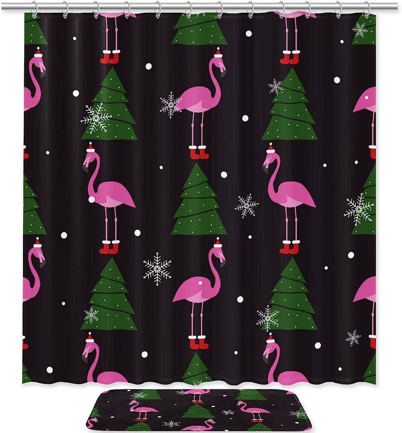 Pink Flamingo Xmas Tree And Snowflakes Print Shower Curtain For Festive Bathroom Decor