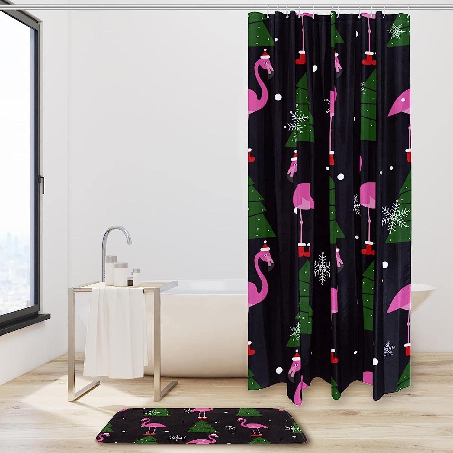 Pink Flamingo Xmas Tree And Snowflakes Print Shower Curtain For Festive Bathroom Decor - Image 2
