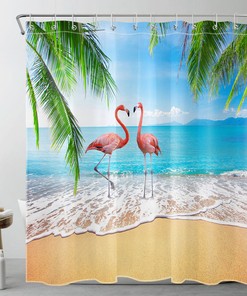 Pink Flamingo and Tropical Plants Sky Shower Curtain for a Colorful and Vibrant Bathroom