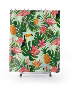 Pink Flamingos And Toucans Shower Curtain, Tropical Nature Waterproof Curtain