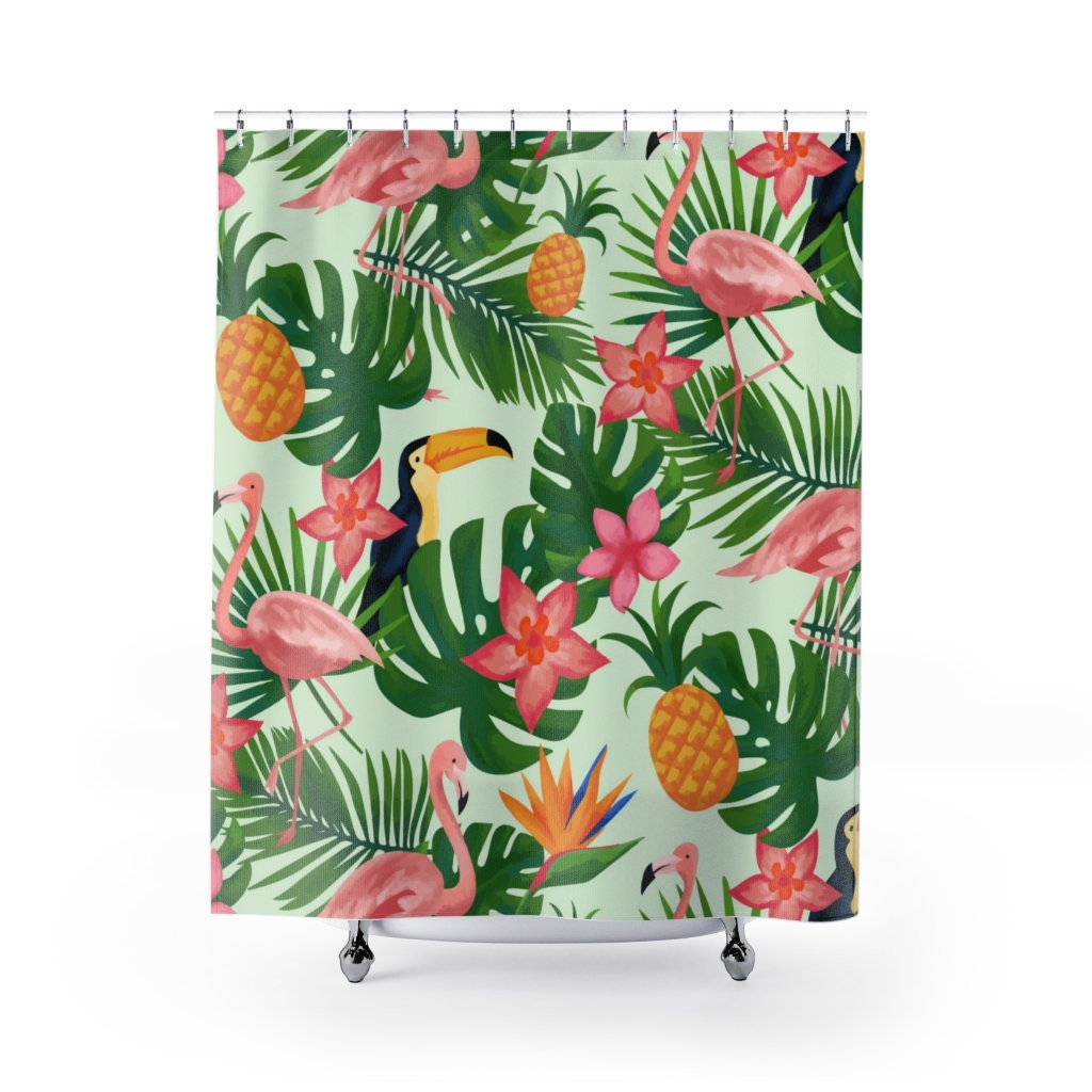 Pink Flamingos And Toucans Shower Curtain, Tropical Nature Waterproof Curtain