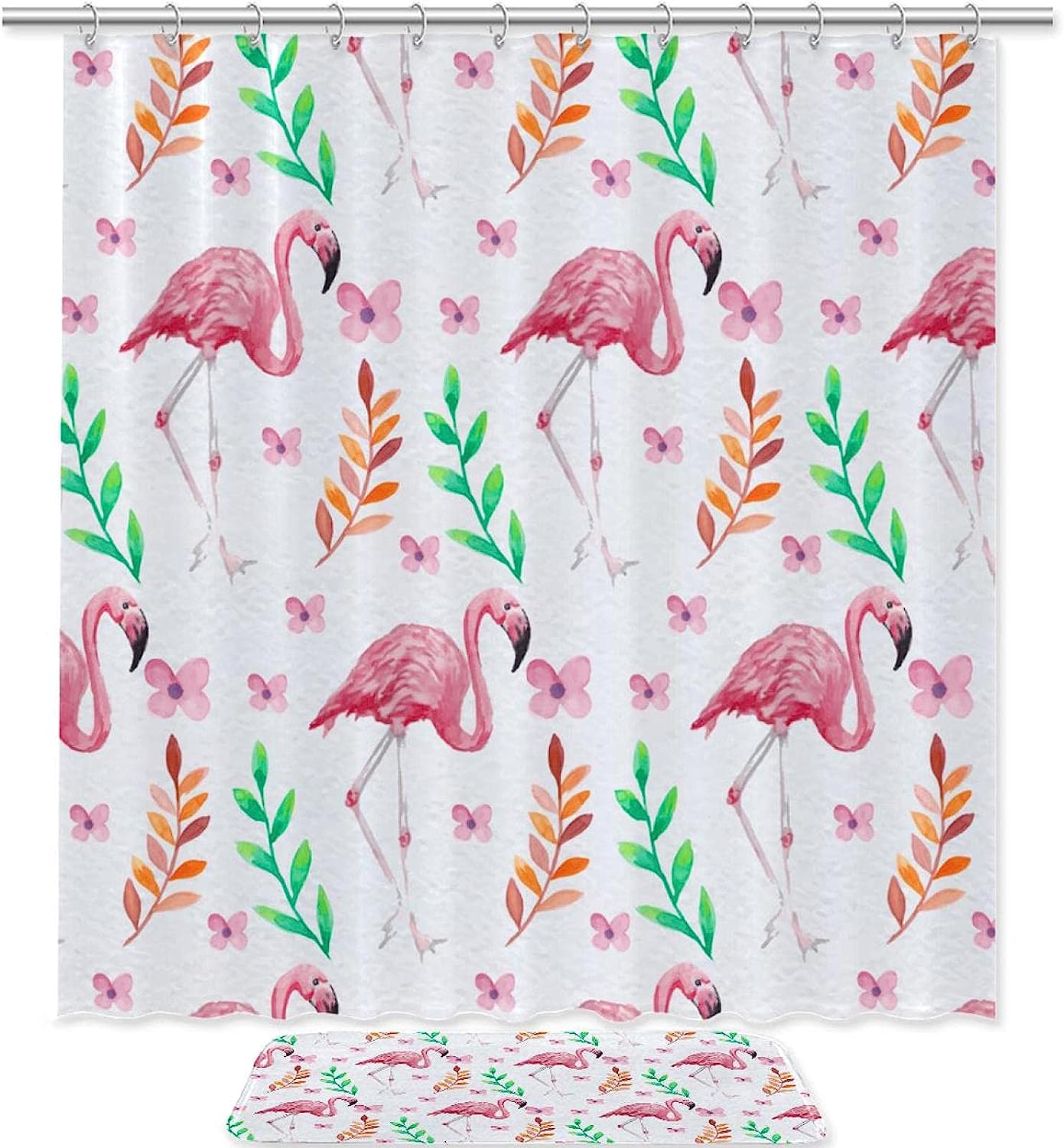 Pink Flamingos Flower Shower Curtain - Colorful Bathroom Decor