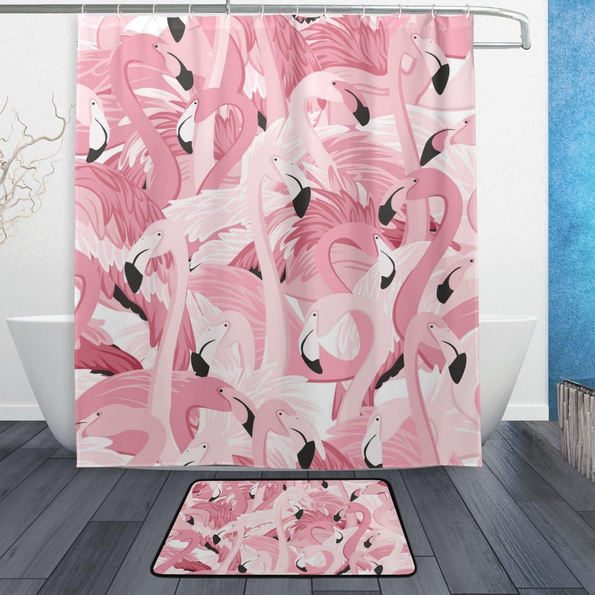 Pink Flamingos Tropical Colorful Shower Curtain, Waterproof Bathroom Decor
