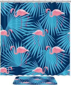 Pink Flamingos and Palm Leaves Fabric Shower Curtain for a Tropical Bathroom